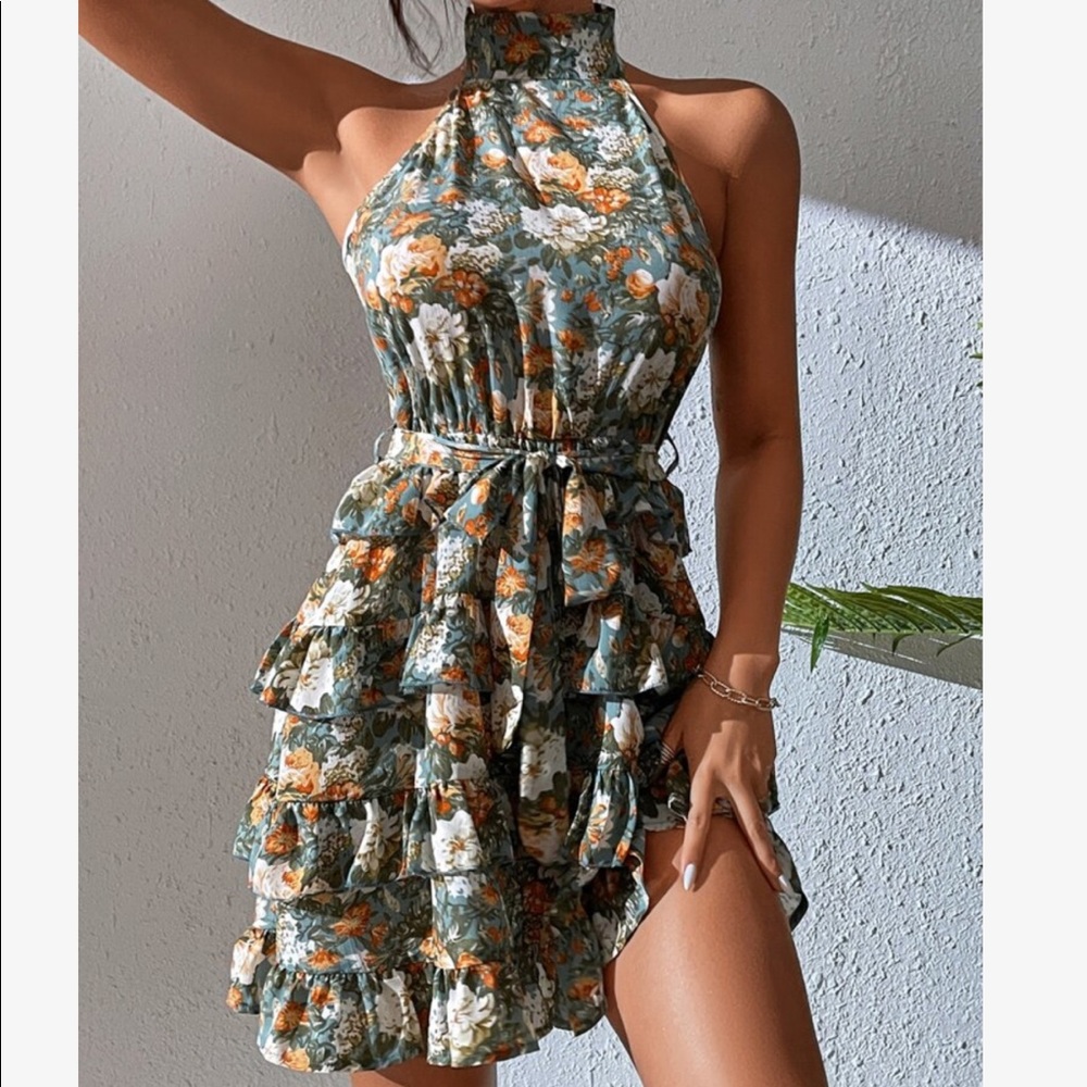 Boho Gypsy Floral Print Halter Tiered Ruffle Belted Dress - Picture 1 of 4